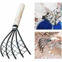 TINOR Râteau à Palourdes Avec Filet 5 Griffes Manche En Bois Râteau Coquille Outil De Creusage Creuser Des Accessoires De Fruits De Mer Désherbage Outil Agricole Manche En Bois Fourche -Outil de travail du sol Soldes 54497139 5