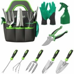 Ensemble D'outils De Jardin - BIGZZIA 9 Pièces Kit Outils De Jardinage En Acier Inoxydable Lourd Avec Sac De Transport - Pour Les Amoureux Du Jardin - Vert