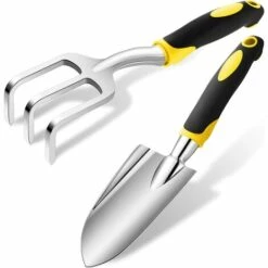 BAICCCF Kit Outils Du Jardinier 2 Pièces, Pelle à Main De Jardin, Truelle De Jardin, Râteau Avec Poignée Caoutchoutée Antidérapante, Outils De Plantation En Alliage D'aluminium Pour Jardinage, Repiquage, Désherbage, Déplacement Et Creusement (jaune)