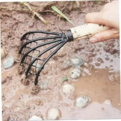 LADACèE Râteau De Palourdes Avec Filet 5 Griffes De Griffe De La Poignée De Bois De Râteau Outil De Creuser Creuser Des Accessoires De Fruits De Mer 5-tine Râteau à Griffes -Outil de travail du sol Soldes 65616141 5