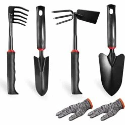 MONLY Ensemble D'outils De Jardinage, 5 Pièces Fer Fin Jardinage Outils à Main De Plein Air, Avec Gants De Jardinage, 2 Pelles Truelle, Râteau à Main, Double Houe, Poignée En Caoutchouc Ergonomiques